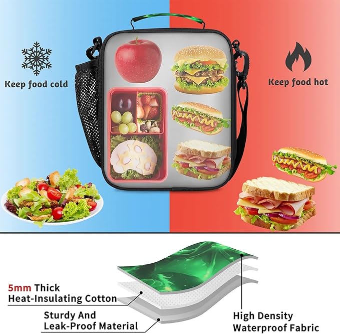 Green Dragon Lunchbox Boys Insulated Lunch Bag Reusable Portable Lunch box with Adjustable Shoulder Strap and Water Bottle Holder for Work School Travel
