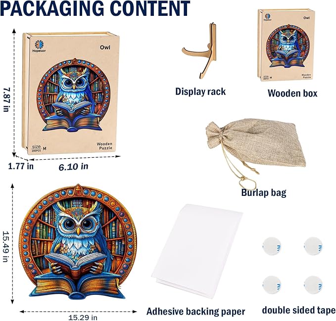 Wooden Jigsaw Puzzles for Adults, Book Owl Puzzle, 300 Pieces Unique Animal Shaped Wooden Puzzle, Fun Challenging Family Games for Kids and Teens, 15.49" x 15.29", Gift Box Included