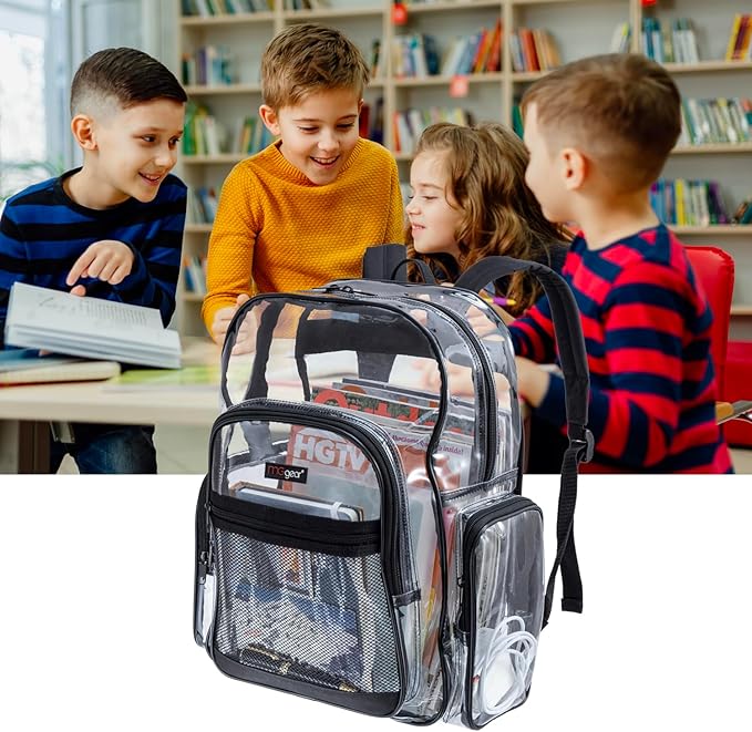 17 Inch Clear PVC Backpack with Black Trim and 5 Zipper Compartments, Transparent School Bookbag for Boys Girls, Travel or Work Bag for Men Women