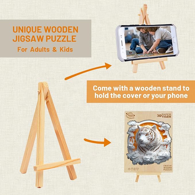 Wooden Puzzles for Adults, 3D Visual Effect Paper Tiger Puzzle, Wood Puzzles Adult, Unique Animal Shape, Paper Sculpture Modern Art Puzzle, Gifts for Friend, Canvas Wall Art (M-11.4 * 11.4in-200 pcs)