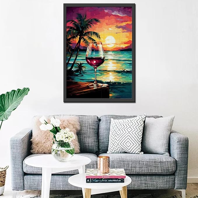 Landscape 1000 Piece Jigsaw Puzzles for Adults Red Wine Cup Painting Jigsaw Puzzle Tropical Seascape at Sunset 1000 Pieces Puzzles Game Home Wall Decor DIY Craft Green Coconut Tree Puzzle Art(Red)