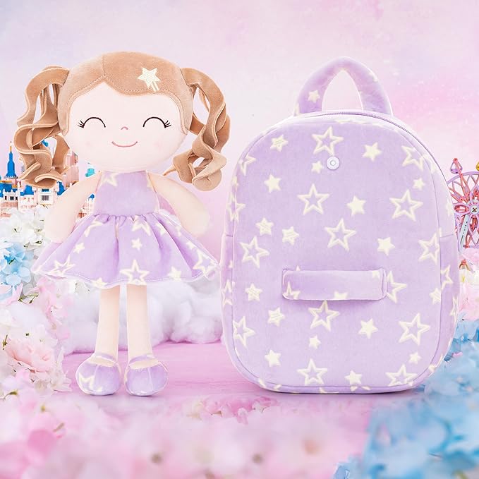 Gloveleya 3.5L Curly Hair Plush Figures Dress Backpack - Purple Star, 9 inches, 3.5 liters