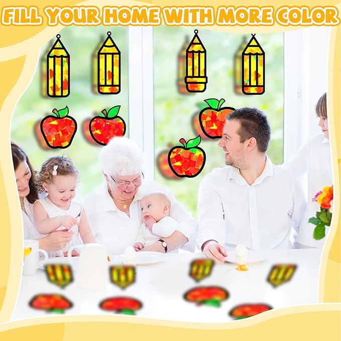32 Sets Back to School Apple Pencil Suncatchers Craft Kit DIY Window Stained Glass Effect First Day of School Paper Craft Home Classroom Decoration Kid Birthday Gift Creative Art Project Activity Game