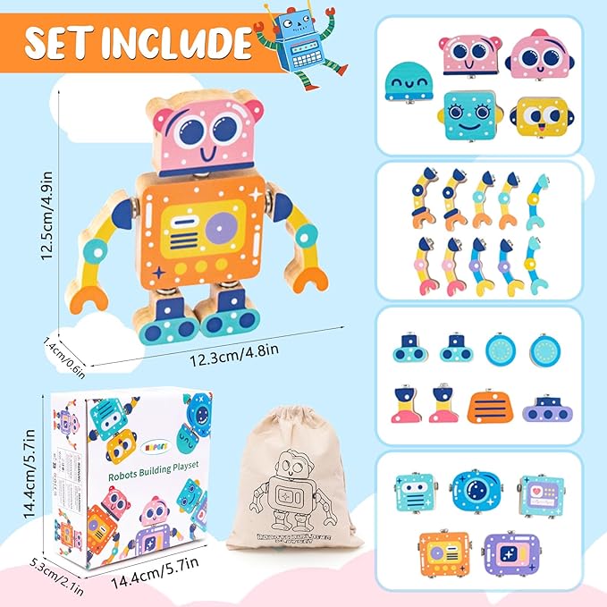 Wooden Robot Snap-Together Building Blocks, STEM Take Apart Toys Playset for Toddlers 3 4 5 6, 28 Psc Montessori Educational Fine Motor Skills Toys for Boys & Girls Birthday Gift