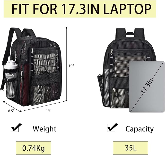 Mesh Backpack Heavy Duty for School, 35L Extra Large Mesh Bookbag for Adults, See Through Mesh Black School Bag with Laptop Pocket for Work Swimming Beach Fitness Sport