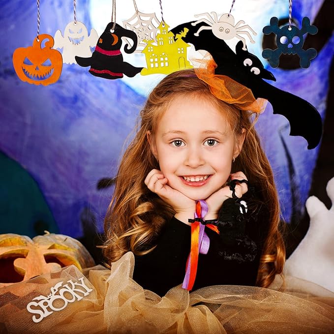 Shindel Halloween Crafts for Kids, 72PCS Wooden Halloween Decorations, 12 Styles Unfinished Wood Cutouts, Wood Ornaments for DIY Gifts Home Office Party Yard Hanging