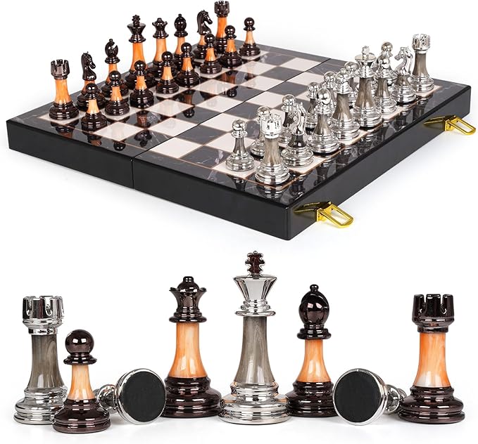 15" Large Chess Set for Adults and Kids With Weighted Acrylic Pieces, 3.5" King & Portable Folding Marbling Wooden Board - Travel Set, Family Board Game Gift, Elegant Classic Game