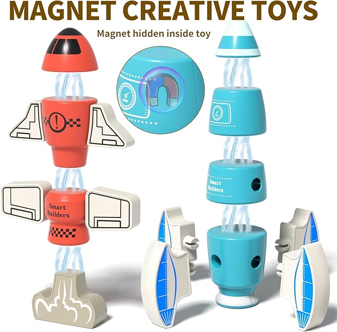 DIY Magnetic Robot Building Toy for Kids 3-5, 33 PCS STEM Stacking Playset with Storage Box, Rocket Robot Creative Kit, Toddler Magnet Toys Gift for Years Old Boys & Girls (Christmas Birthday)