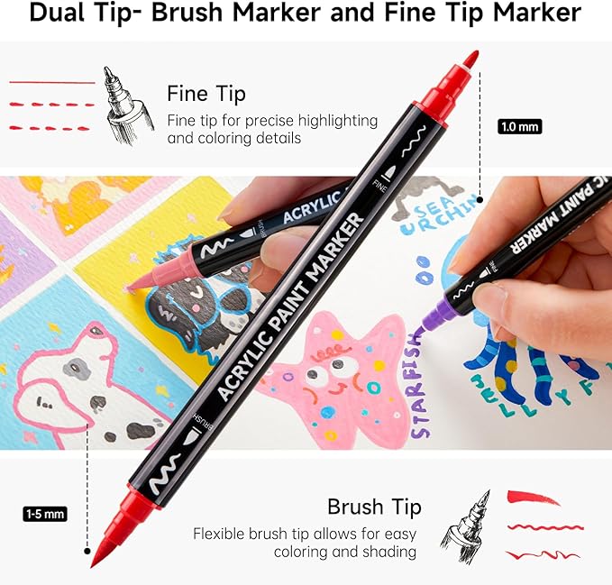 Shuttle Art 80 Colors Dual Tip Acrylic Paint Markers, Brush Tip and Fine Tip Acrylic Paint Pens for Rock Painting, Ceramic, Wood, Canvas, Plastic, Glass, Stone, Calligraphy, Card Making, DIY Crafts