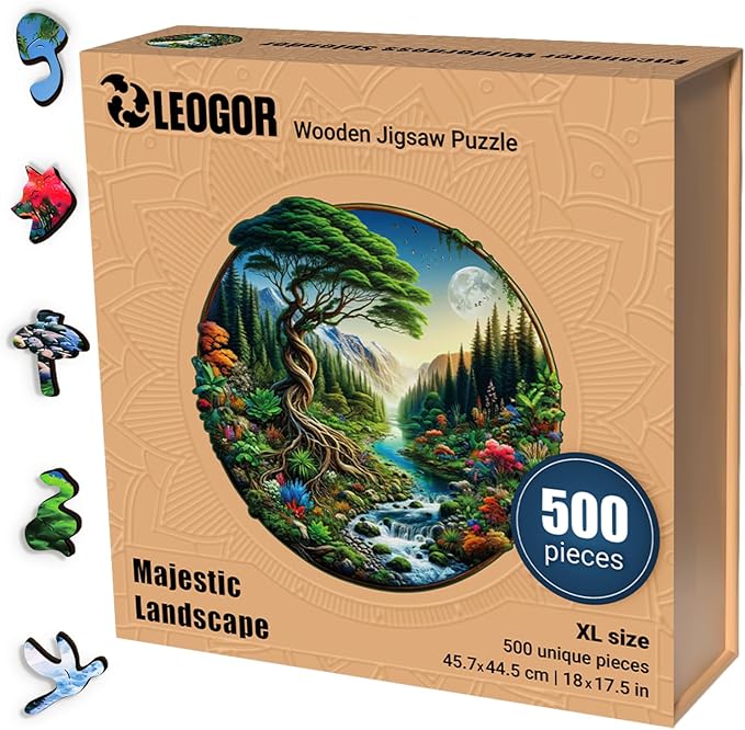 LEOGOR 500 Piece Wooden Puzzles for Adults (18 x 17.5 in), Extra-Thick 5mm Wood, Round Majestic Landscape Puzzle with Unique Nature-Inspired Shapes, Challenging, Premium Gift for Puzzle Lovers