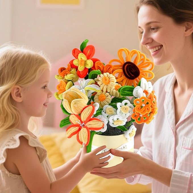 Pipe Cleaners Craft, Multi-Colored Pipe Cleaners Kit, Chenille Stems for DIY Flower Making Kit with Floral Wires, Come with Flower Base, Ideas for Party & Home Decor (A15)