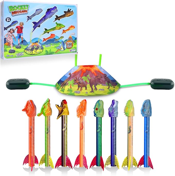 Dinosaur Rocket Launcher for Kids - Launch Up to 100 Ft, 8 Rockets and 2 Pads for Multi-Player, Dinosaur Toys, Birthday Gift Ideas, Toys for 3 4 5 6 7 Year Old Boys, Outdoor Outside Toys