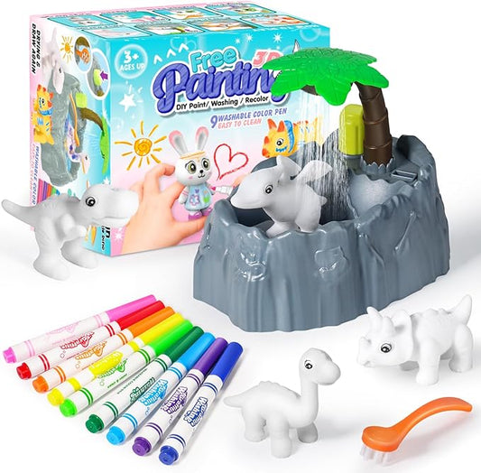Dinosaur Kids Washable Paint Arts and Crafts Kits Toys Set, DIY Painting Craft with 4 Dino Figurines, 9 Washable Paint Markers, 1 Brush & 1 Tub, Birthday Gift for Girls Boys Ages 2 3 4 5 6