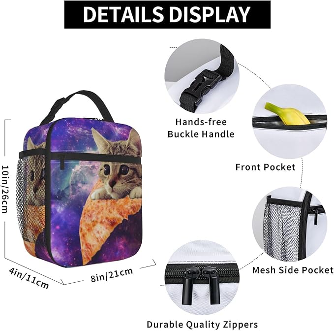 Galaxy Pizza Cat Reusable Lunch Box Food Bag Insulated Lunch Bag for Teenage Boys Girls School Beach