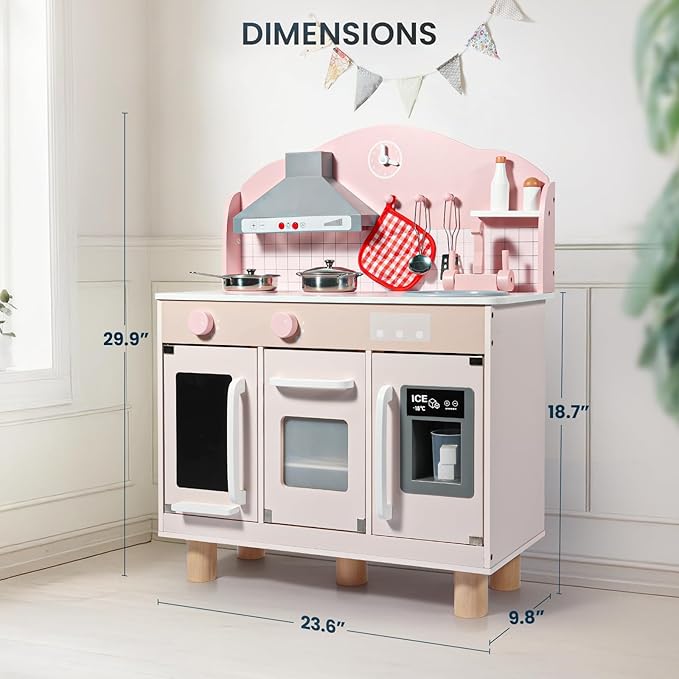 Bluewood Wooden Kids Kitchen Playset,Pretend Toy Kitchen for Toddlers Ages 1-3, with Lights, Sound, Oven, Ice Maker, Sink & Storage – Montessori Indoor Role Play Gift