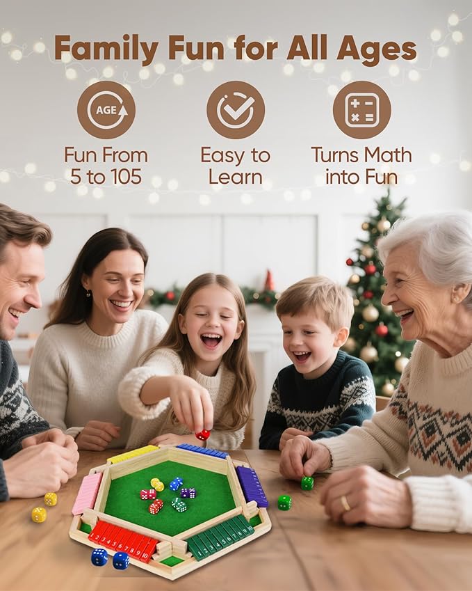 Original Classic 2-6 Player Shut The Box Game, Math Dice Board Game for Family Night Classroom Travel, Wooden Classic Table for Group Kid Adult Senior Travel Party Bar Easy Quick and Fun