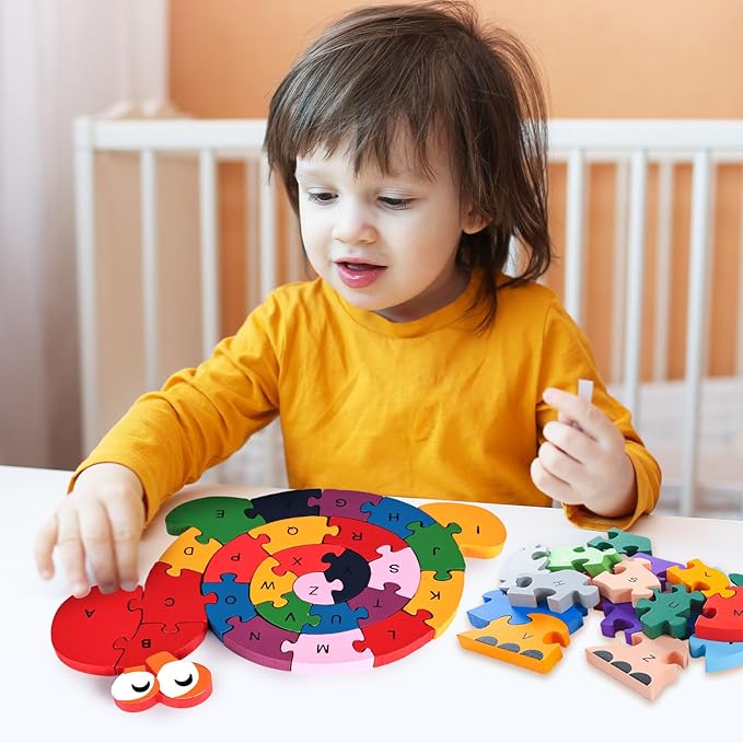 LovesTown Wooden Animal Puzzles for Toddlers, Alphabet Building Blocks for Kids, Preschool Letters and Numbers Learning Puzzle, 2 PCS