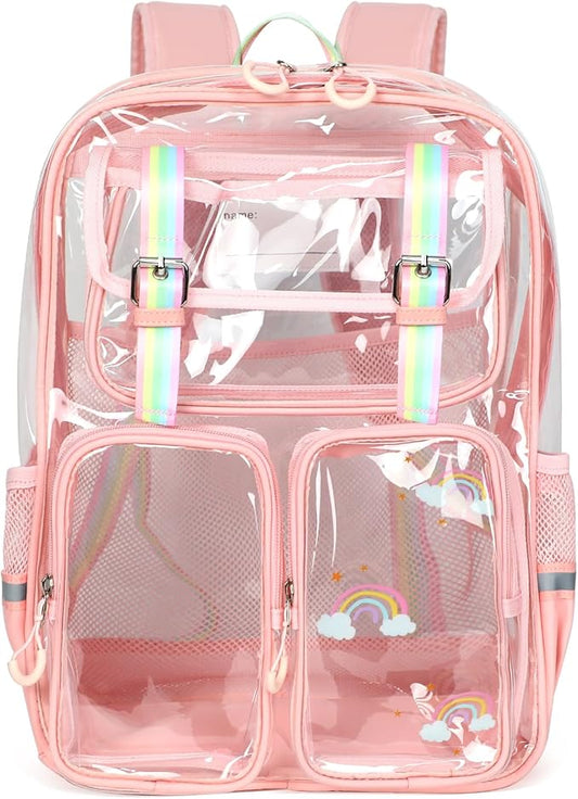 Clear Backpack for School - 17" Transparent Backpacks With Water-Resistant PVC Plastic Material and Ruggedly Reinforced Shoulder Straps, School Bag for Teen Boys Girls Pink