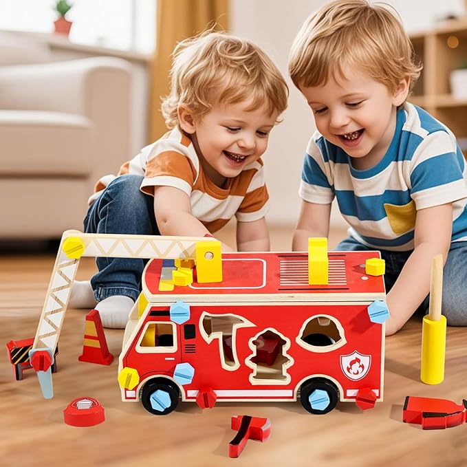 Wooden Fire Truck Toy – Take-Apart STEM Vehicle with Firefighter Tools & Shape Sorting, Montessori Educational Gift for Toddlers Boys Girls Ages 3+