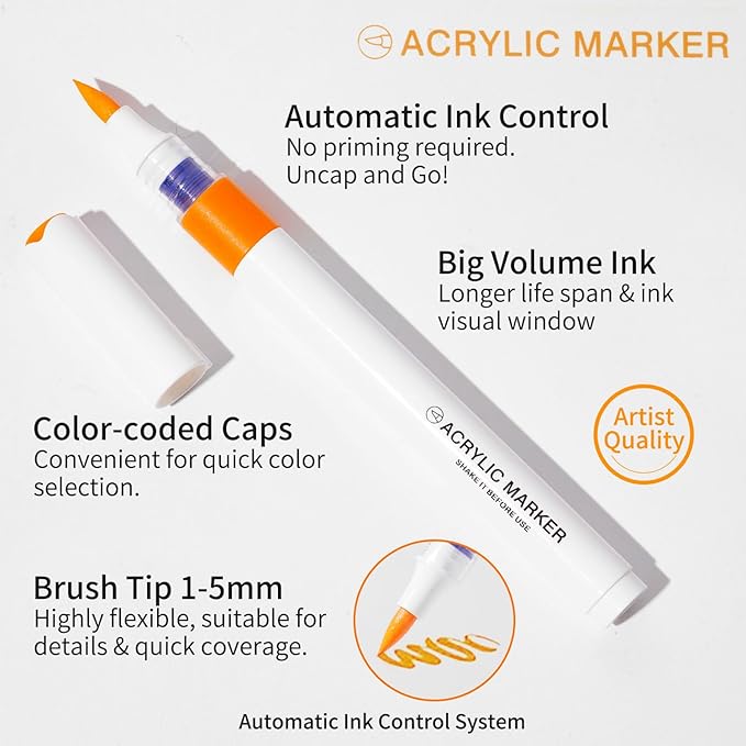 9 Color Acrylic Paint Markers, Water-Based Acrylic Markers for Artists Adults Coloring Drawing Cartoon Anime Comic - Brush Tip for Rock Painting, Wood, Canvas, Fabric, DIY Crafts (Pearl Pig Series)