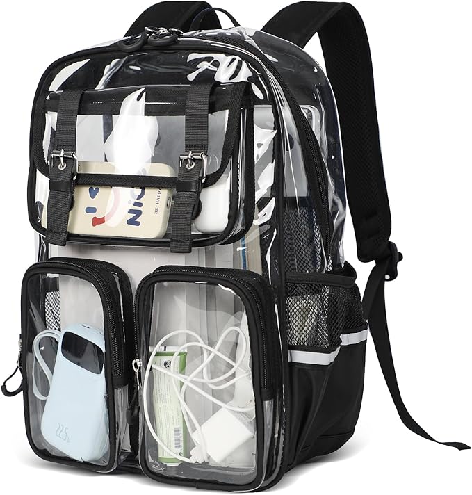 Clear Backpack for School - 17" Transparent Backpacks With Water-Resistant PVC Plastic Material and Ruggedly Reinforced Shoulder Straps, School Bag for Teen Boys Girls Black