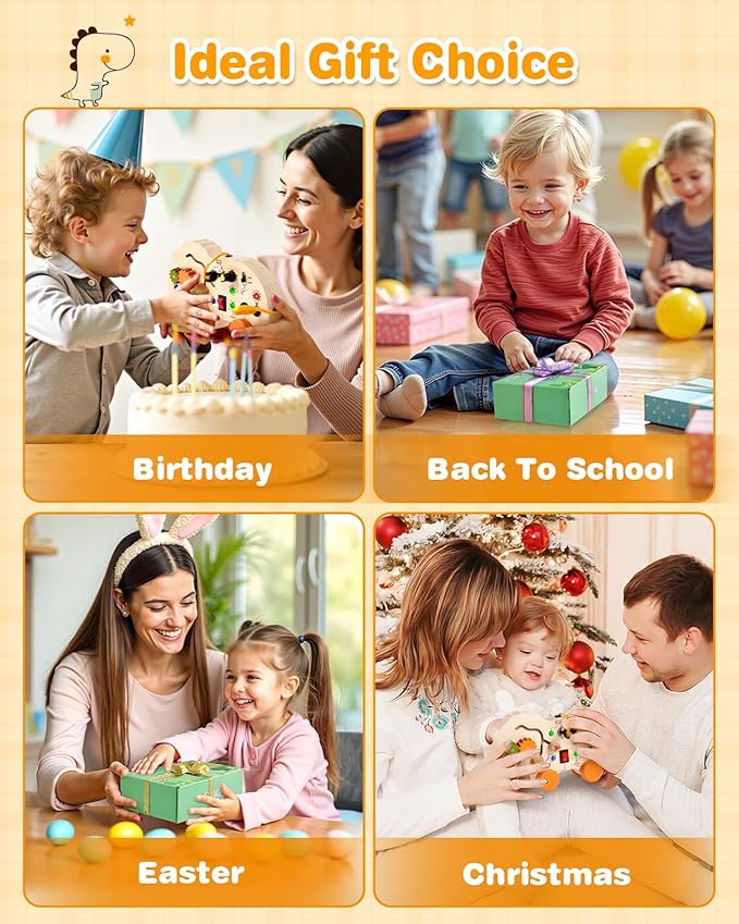 2-in-1 Busy Board & Pull Toys for Toddlers 1-3: Dinosaur Busy Board with Led Light, Educational Learning Toys Wooden Multi-Sensory Board with 4 Movable Wheels, Montessori Toys for 1 2 3 Year Old