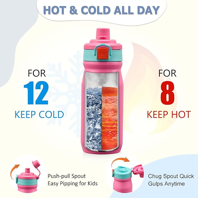 MAISON HUIS Kids Bento Box Set - Includes 8oz Soup Thermo, Insulated Lunch Bag & 17oz Stainless Steel Water Bottle, 5-Compartment Bento Box with Built-In Ice Pack, Leak-Proof & BPA-Free(Pink)
