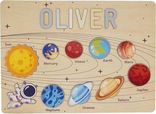 Personalized Name Puzzle for Kids, Custom Baby Gifts for Toddler 1-3, Customized 1st Birthday for Girls & Boys Wooden Planet Puzzle Montessor Toys for Kids