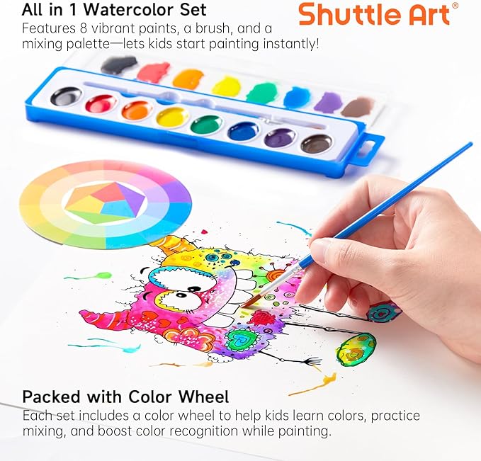 Shuttle Art 24 Pack Watercolor Paint Set, 8 Colors with Paint Brushes & Color Wheels, Washable for Kids & Adults, Suitable for Classroom, Parties, Kindergarten & Art Activities