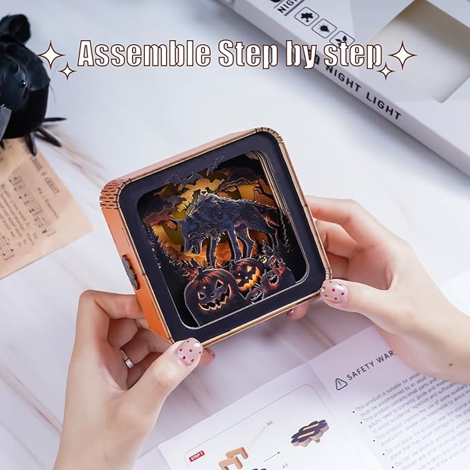 3D Puzzle Nightlight-DIY LED 3D Halloween Wolf Light Wooden Jigsaw Puzzle-Art Lamp and Craft Kits for Kids and Adults-Birthday Gifts Toys-Home Desk Decor Family Game
