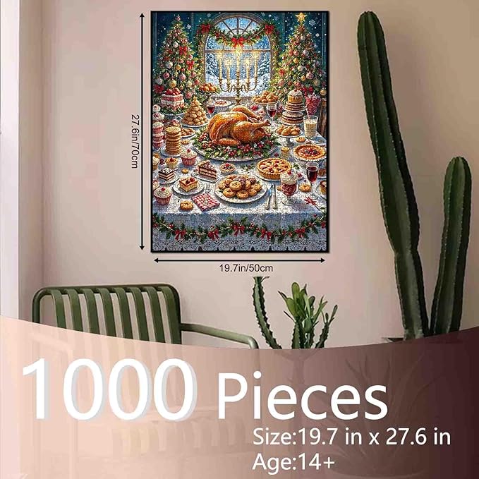 Christmas Feast 1000 Piece Jigsaw Puzzles for Adults Christmas Turkey Painting Jigsaw Puzzle Xmas Trees with Ball Puzzles 20''x27”inch Cookie 1000 Pieces Craft Puzzle Wall Decor Family Challen