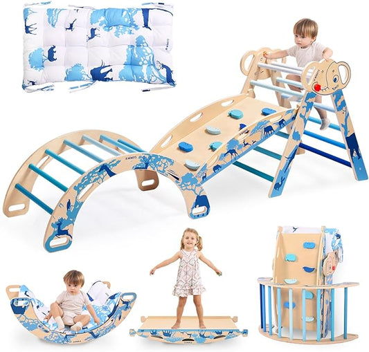 wingyz 8-in-1 Pikler Triangle Set-Wooden Baby Climbing Toys with Cushion,Arch, Ramp & Ladder | Montessori Toddler Climber Indoor Jungle Gym for Kids (Blue)