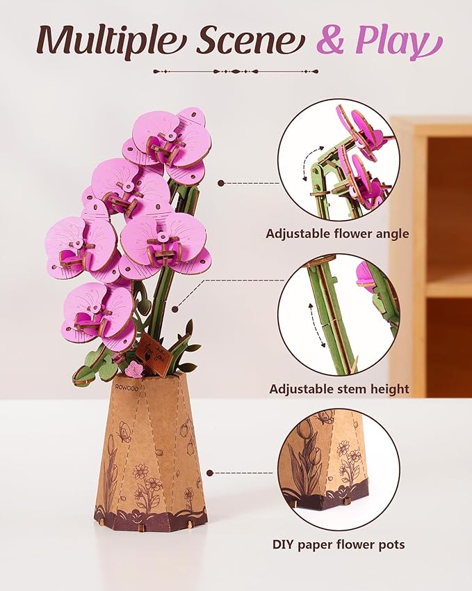 rowood Wooden Flower,3D Puzzles for Kids,Artifical Flower Botanical Collection Building Craft Kit,Mother's Day/Valentine's Day Purple Moth Orchid