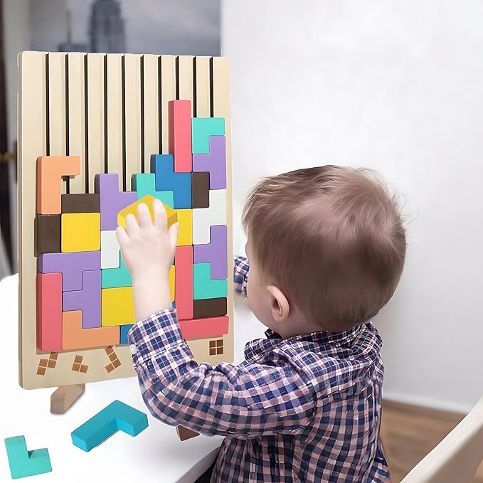 Wooden Stacking Puzzle Toy 3D Wooden Russian Puzzle for Kids, Montessori Wood Stacking Blocks Colored Family Brain Teaser Activity, Giant Block Board Toys for Toddlers 3-6 Years