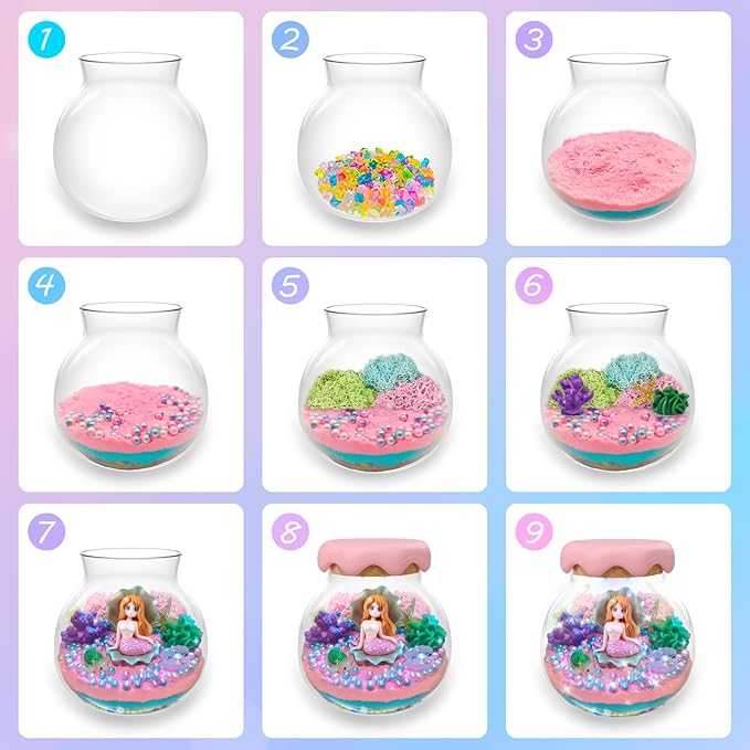 Mermaid Gift for Girls Mermaid Terrarium Kit for Kids Birthday Gift for Girls Ages 4 5 6 7 8-12 Year Old Light-Up Kit Crafts DIY Arts Toys Mermaid Toys for Girls Birthday Ideas Present for Kids