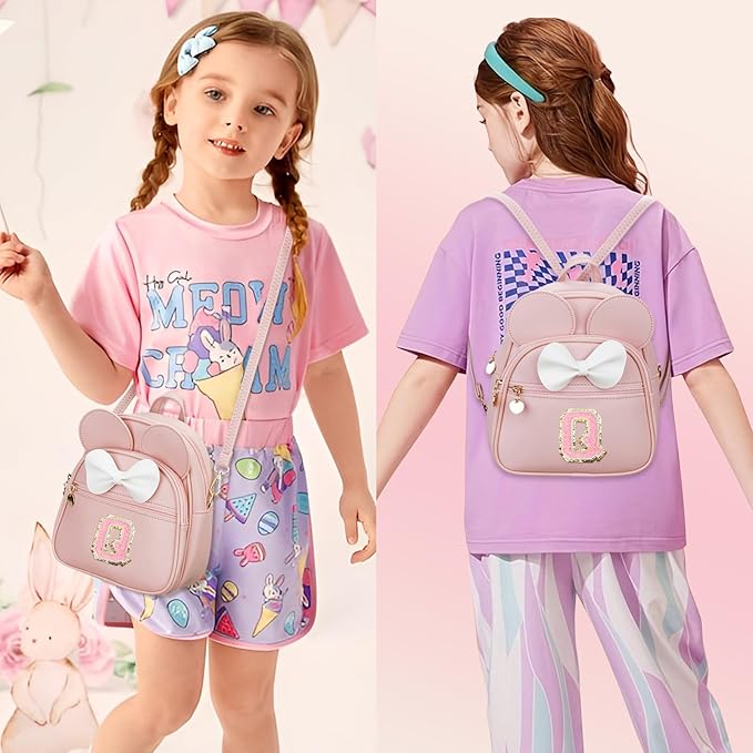 KKXIU Girls Initial Bowknot Cute Mini Backpack for Toddler, Travel Small Girl Backpacks, Personalized Trendy Stuff Gift for Little Girls and Kids(Q, Pink)