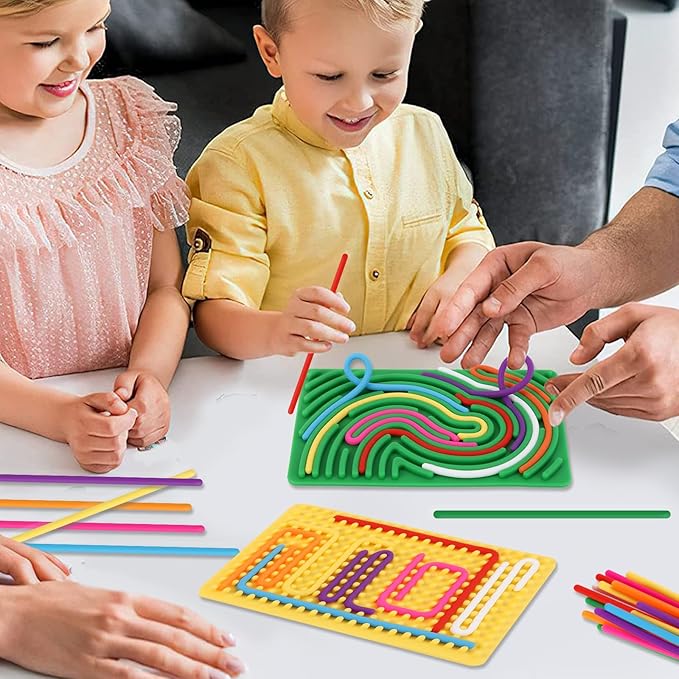 2pcs Sensory Activity Board, Double-Sided Silicone Fidget Toys for Kids 3+ & Adults, Sensory Toys for Anxiety, ADHD, Autism, Calming, Includes Travel Bag & 20 Strings, Yellow & Green