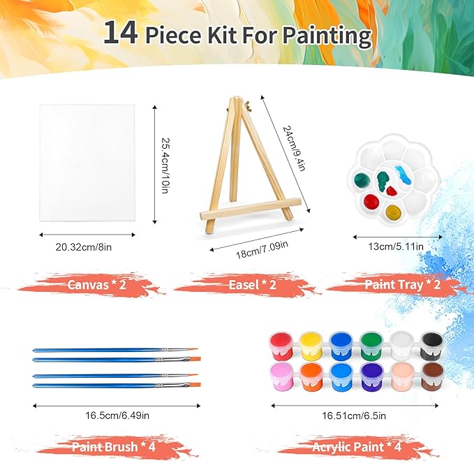 2 Pack 8 * 10In Canvas Boards for Painting, Art Canvas for Drawing with 4 Brushes & 2Paint Trays & 4 Acrylic Paint, Mini Painting Canvas with Easel Set, Painting Kits for Adults & Kids Party