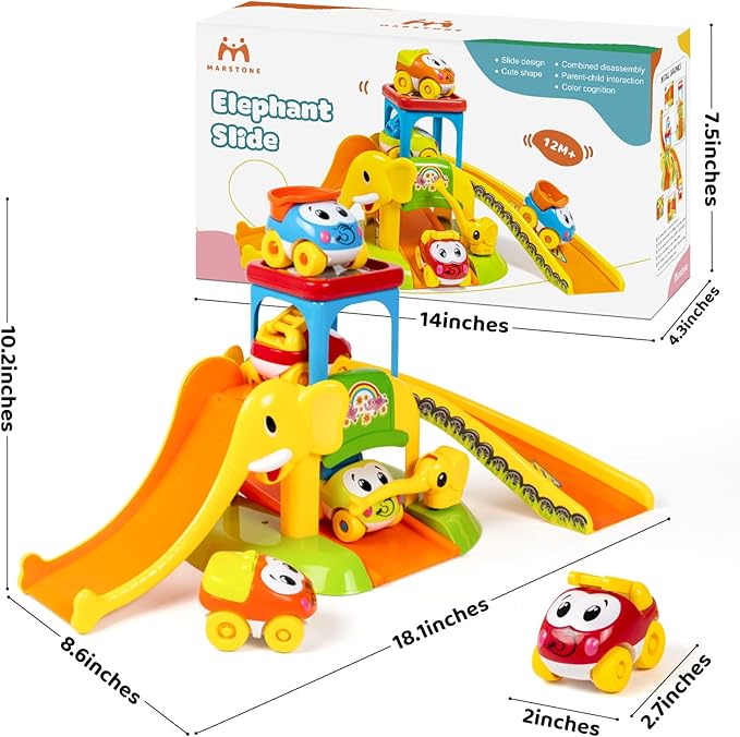 Marstone Toddler Toys for 1 2 Year Old Boys and Girls Gifts: Educational Elephant Slide with 4 Animal Cars Toys for Baby 12-18 Months, First Birthday Present Learning Push Truck Track Ages 1-2