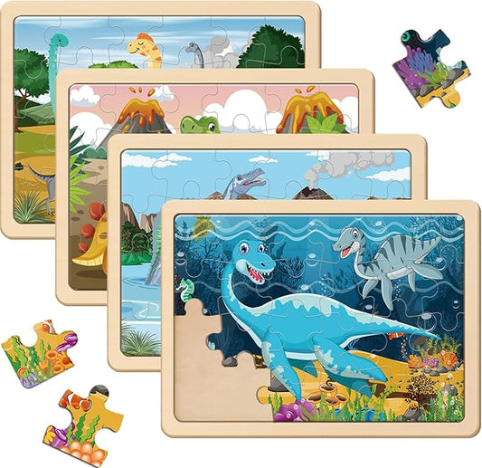 Puzzles for Kids Ages 4-6, 4 Pack Wooden Jigsaw Puzzles with 24 Pieces Each, Dinosaur Puzzle Preschool Educational Learning Toys Set for Boys and Girls