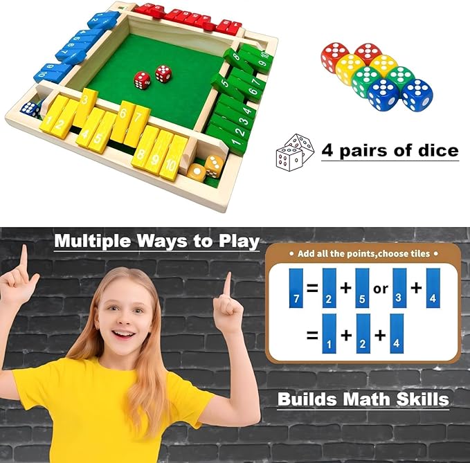 Shut The Box Game Dice Game, 2-4 Player Math Learning Toy for Adult Kids 5-7 8-12, Educational Wooden Board Tabletop Game with 8 Dice for Family, Classroom & Senior Activities, Pub and Party
