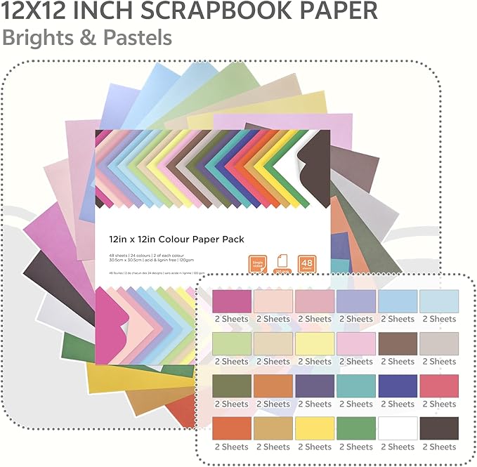 12x12 Scrapbook Paper 48 Sheets 120 gsm 32 lb Brights Pastels & Brights 24 Color Cardstock Paper for Cricut Maker, Scrapbooking, Paper Crafting