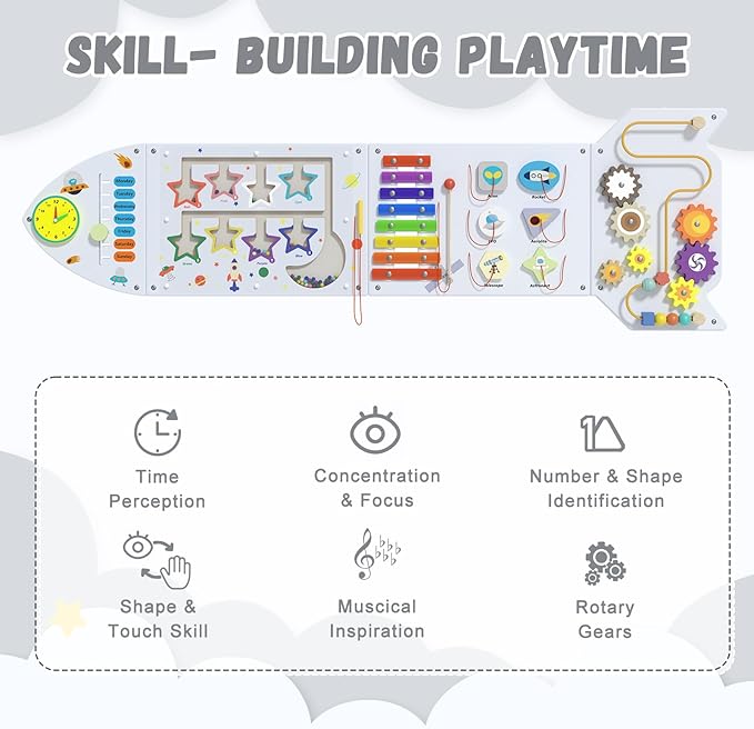 Rocket Activity Wall Busy Board Panels - Sensory Wall Panel for Kids, Montessori Toddler Wall Activity Board, Wall Toys for Toddlers 3, Activity Cube, Wooden Boards, White Grey(4PCS)
