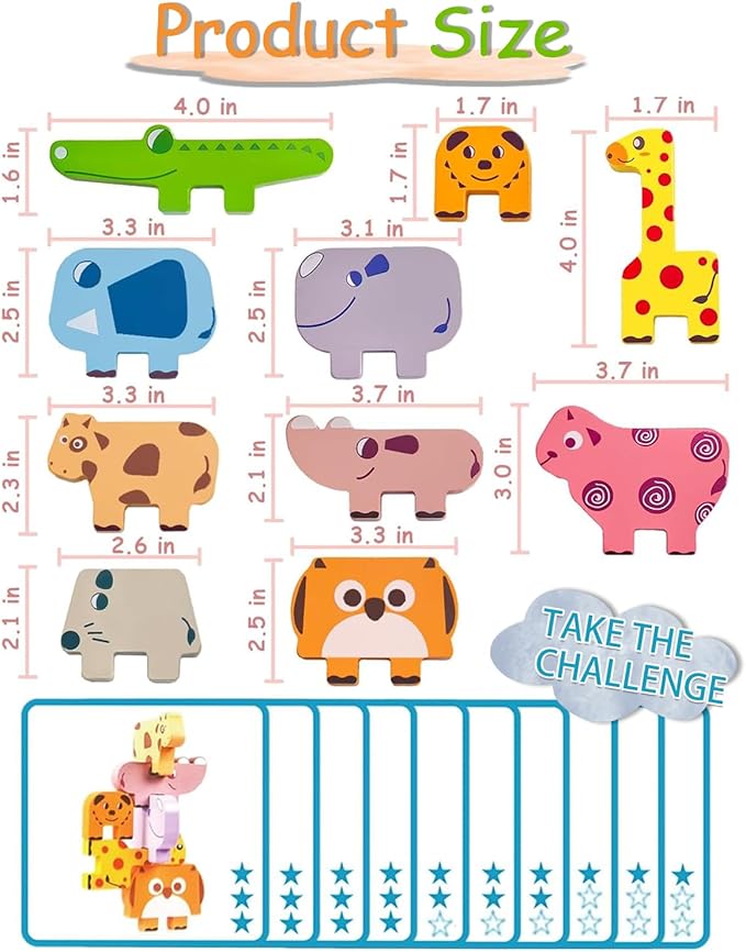 Cowcowcow Montessori Toys for 1 2 3 4 Year Old Boys Girls, Toddler Toys Age 2-4, 1 2 3 4 Year Old Girl Boy Birthday Gifts, 10 pack Wooden Animal Blocks Sorting & Stacking Education Toddler Puzzles Toy