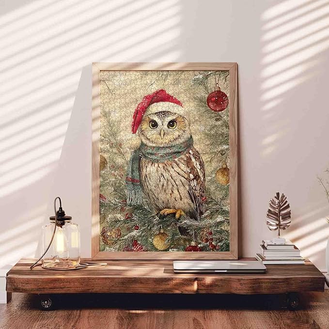 Christmas Animal 1000 Piece Jigsaw Puzzles for Adults Owl Wearring Christmas Hat Painting Jigsaw Puzzle 1000 Winter Wonderland Puzzles 20''x27”inch DIY Craft Puzzle Art Wall Decor Family Challenging