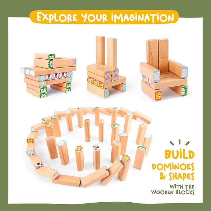 Nene Toys Wooden Block Stacking Game β 4-in-1 Tumble Tower Family Board Game with Building Blocks, Cards and Dice β African Safari Educational Wooden Toy for Kids 3-9 Years Old About Animals