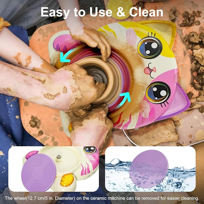 Roaxkois Pottery Wheel for Kids โ Complete DIY Arts & Crafts Painting Kit with Air Dry Clay, Paints, Tools, Apron & Stickers โ Creative Gift for Girls & Boys Ages 6 7 8 9 10 11 12+