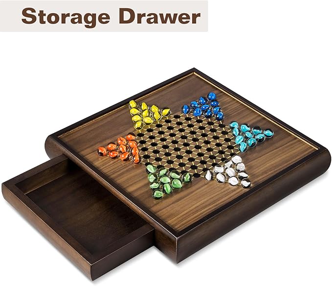 2 in 1 Magnetic Chess Set & Chinese Checkers 13" Wooden Board Game with Storage Drawer and 60 Glass Marbles + Bonus 12 Spare & 2 Extra Queens,for Kids and Adults