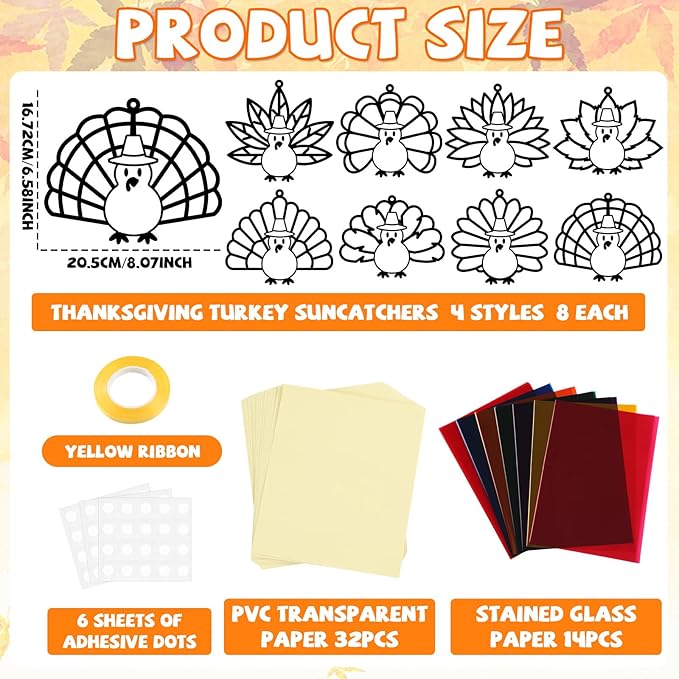 32 Sets Thanksgiving Turkey Suncatchers Craft Kit DIY Window Stained Glass Effect Thanksgiving Turkey Paper Crafts Home School Classroom Decoration Kid Birthday Gift Creative Art Project Activity Game