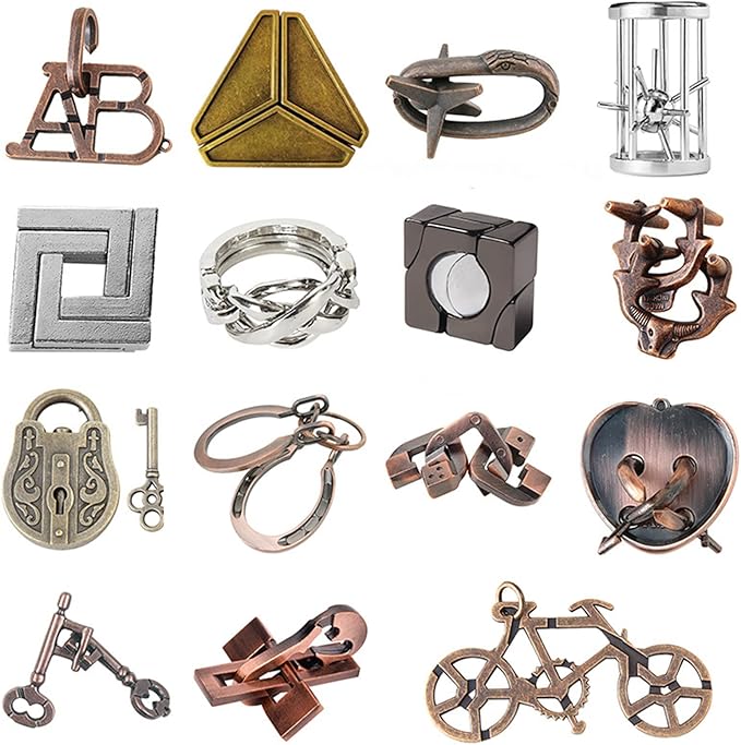 VolksRose 15pcs Brain Teaser Puzzles, Metal Wire Puzzles Set, Mind Smart Game IQ Challenge Puzzle Games, Educational IQ Test Unlock Interlocking Toy Lock Puzzles Gift for Adults Teenagers